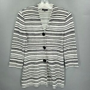 MISOOK Cardigan Sweater Womens XS Long White Black Striped V-Neck Button Knit‎